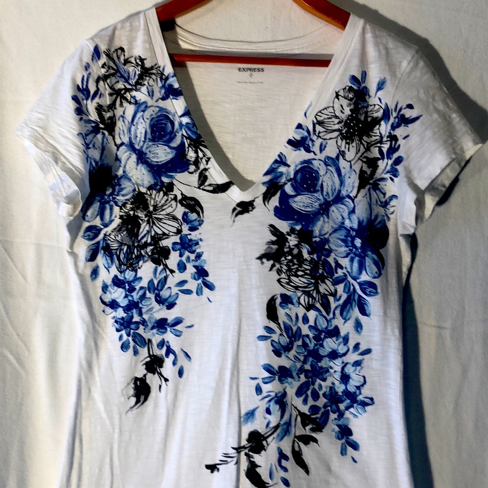 Express white tee with blue/black floral pattern